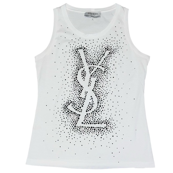 AUTH VTG Yves Saint Laurent YSL Black Crystal Rhinestone HUGE Logo Tank Top Tee - Picture 1 of 8